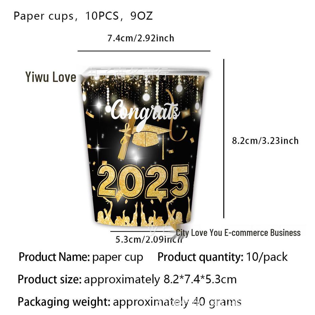 Graduation Party Disposable Tableware Set: Paper Plates, Cups, Banner, Tablecloth, and Knives. Perfect for University Graduation Celebrations.