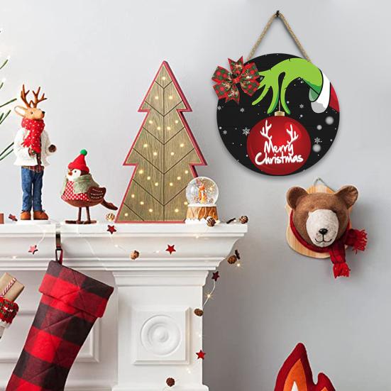 

Рождественская деревянная табличка на дверь с зелеными волосами, эльфийская рука, рождественский шар, бант, внутреннее и наружное украшение, настенное приветственное украшение на дверь, подвесная табличка на дверь, сцена для вечеринки B