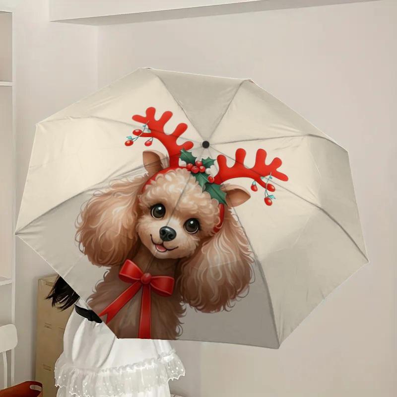 1pc Christmas Poodle with Antlers Umbrella with Plastic Handle,Suitable for All Seasons Home Travel Outdoor UmbrellaDD230