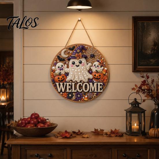 Faux Pearl Door Sign Kit Halloween Kit, Ghost Skull Skeleton Cat Welcome Wall Hanging Decor Crafts Handmade Painting Arts for Decoration