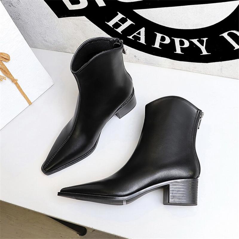 Fashion New Autumn Winter PU Leather Women Boots Fashion Pointed Toe Chelsea Boots for Women Black Short Boots Chunky Heel Botines Mujer