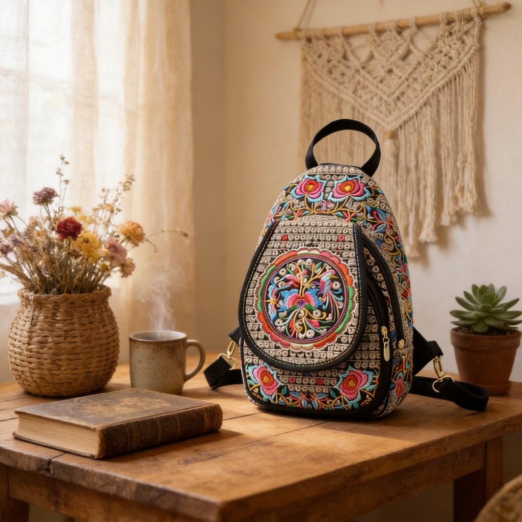 Canvas Vintage Embroidered Backpack With Floral Pattern For Casual Travel And Girls