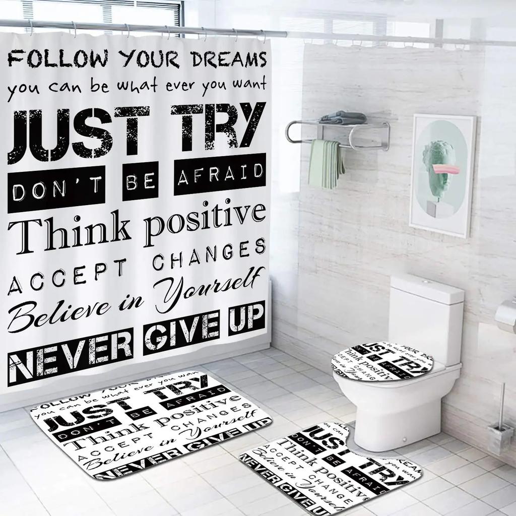 Inspirational Quotes Shower Curtain Set Rug Toilet Lid Cover Bath Mat Vintage Rustic Bathroom Decor Waterproof Wooden Poster