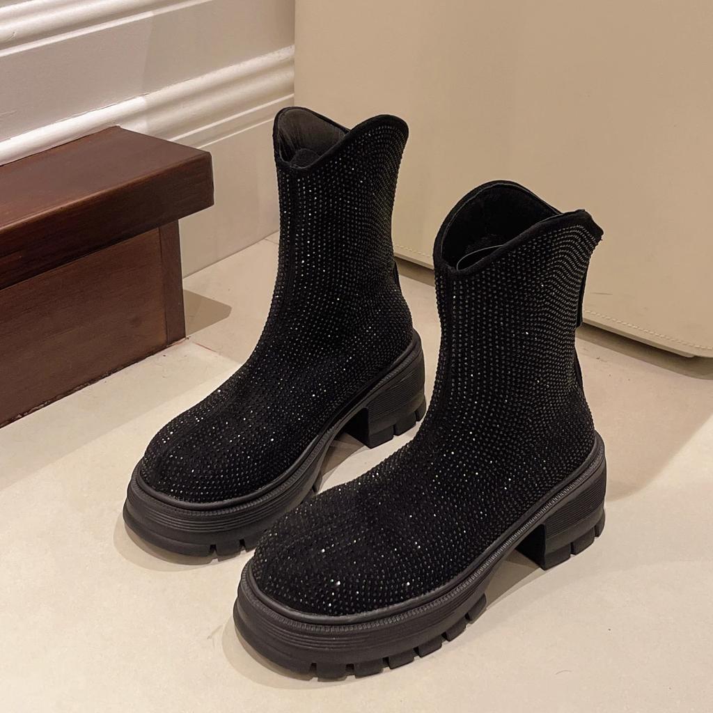 Fashion Flats Thick Women Ankle Boots Crystal Bright Diamond Women Fashion Designer Winter New 2025 Trend Luxury Party Punk Modern Boots