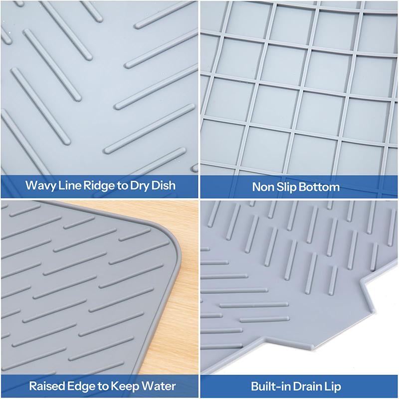 Silicone Dish Drying Mat Non-Slip Floding Countertop Mats with Built-in Drain Lip Hygienic Drying Pad for Kitchen Pot Cup
