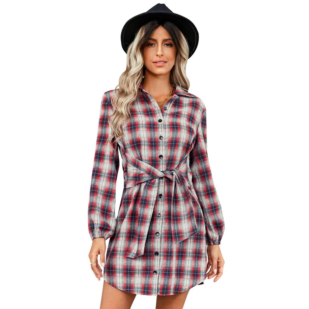 European and American women's clothing autumn new strap waist shirt skirt fashion plaid dress