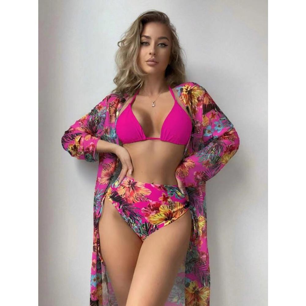 European and American Sexy Bikini Three-Piece Printed Mesh Blouse Swimsuit