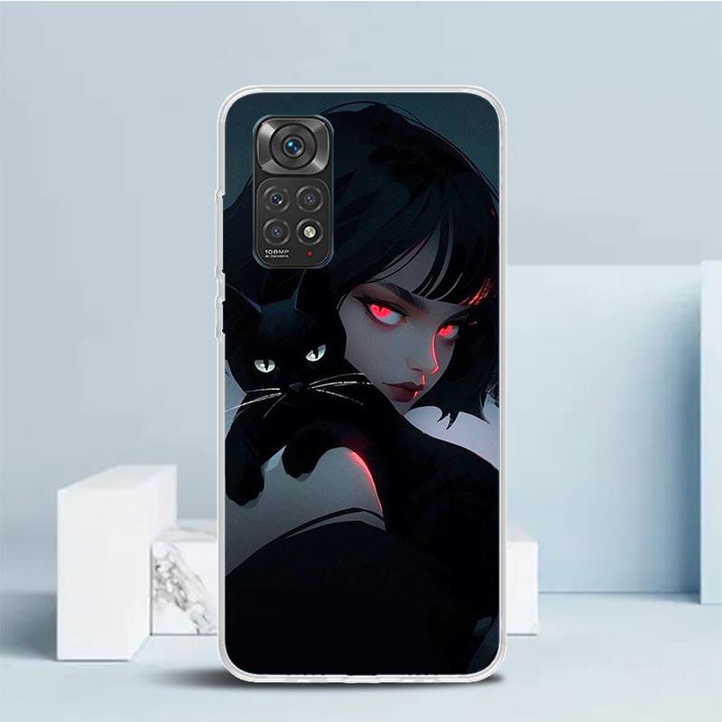 Anime Girls Cute Black Cat Phone Case For Xiaomi Redmi Note 15 14 14S 13 12S 12 Pro Plus 11S 11 11T 11E 10S 10 + Soft TPU Back C
