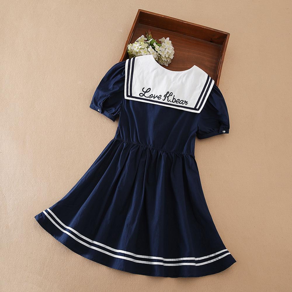 Girls Dress 100% Cotton White Sailor Back To School Dress Suitable for 5-12 Years Old Girls Short Sleeved Summer Dresses