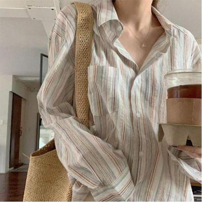 Blusa a Rayas de Diseño Retro Estilo Perezoso para Mujer, Sección Delgada Holgada, Camisa de Manga Larga