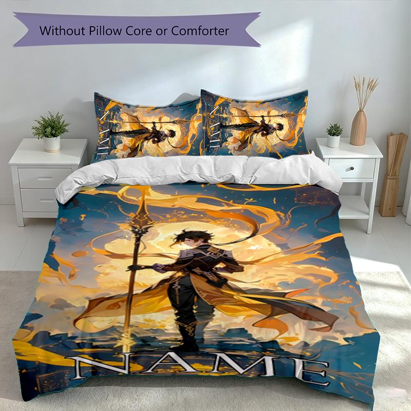 3pcs Custom Name Genshin Impact Characters Set,Includes 1 Duvet Cover and 2 Pillowcases,All-season Bedroom Decor