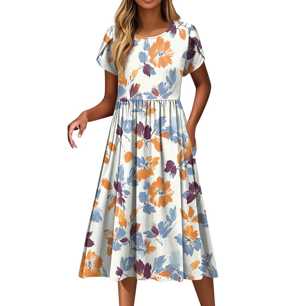Women's Fashion Casual Loose Floral Print Round Neck Pocket Short Sleeve Dress
