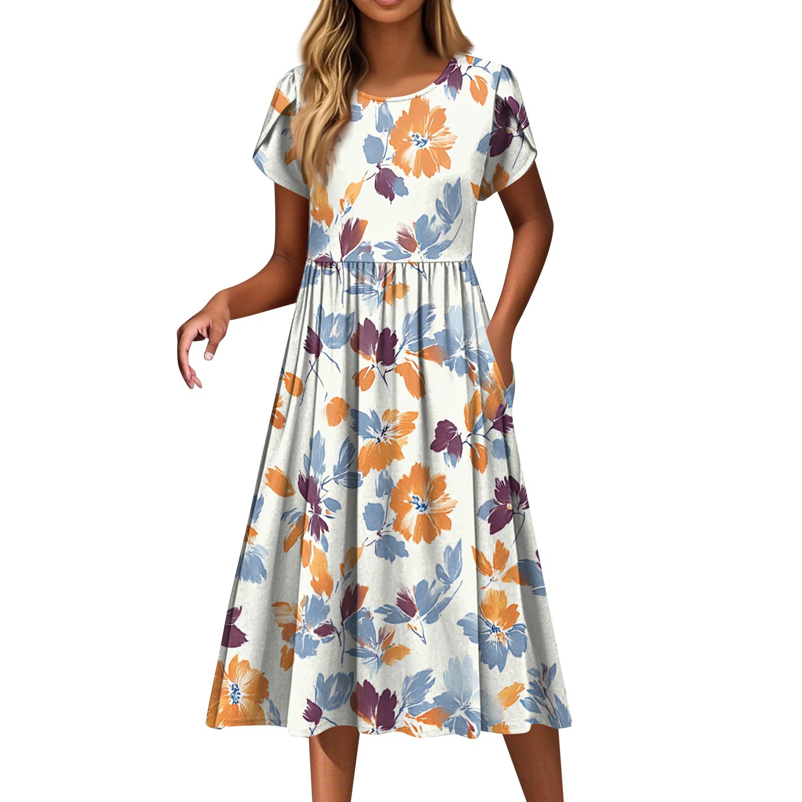 Women s Fashion Casual Loose Floral Print Round Neck Pocket Short Sleeve Dress L оранжевый