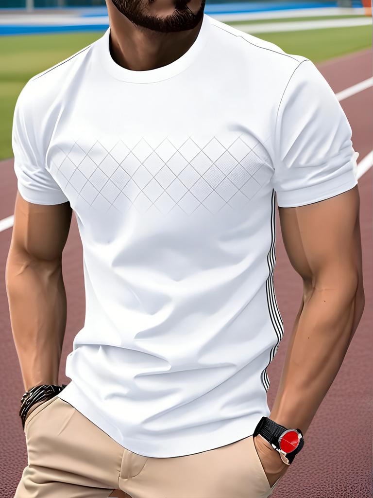 Men's Short-Sleeve T-Shirt with Quadrilateral Vertical Stripes and Side Seam Accents - Versatile Top for Daily Casual and Commuting Wear
