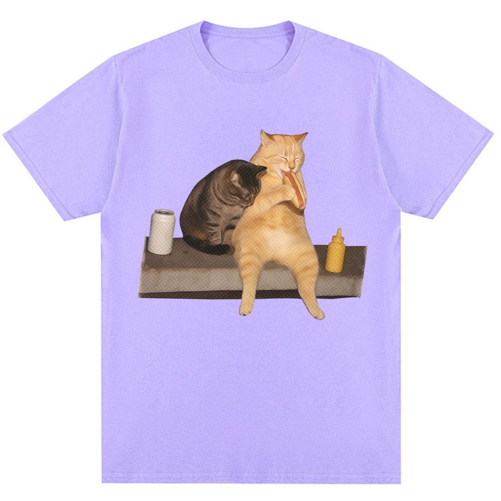 Funny Cat Eating Hot Dog Meme T-shirts Men Women Fashion Vintage Humor T-shirt Oversized Cotton Casual Kawaii T Shirt Streetwear