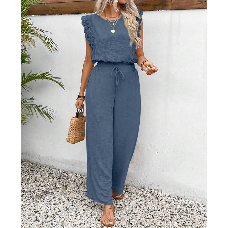 

Летний новый женский костюм Топ без рукавов с круглым вырезом Эластичная талия Прямые брюки Облегающий Облегающий Уличный комплект из 2 предметов S синий