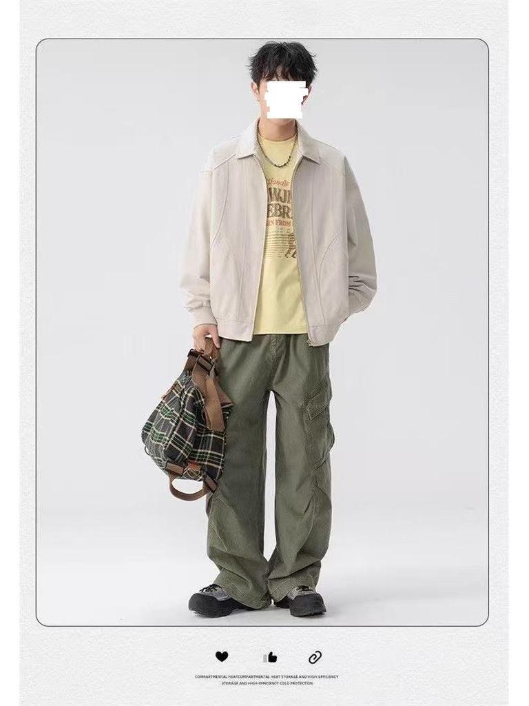 Men's American Retro Versatile Loose Jacket - Autumn Solid Color Fashion with Simple Lapel and Zipper