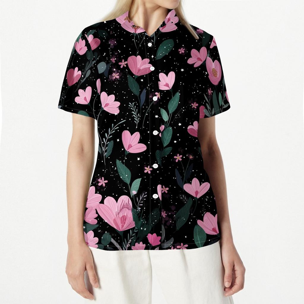 Women's Short Sleeve Floral Print Button Down Collared Blouse, Casual Fashion Top