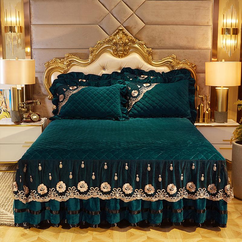 European-Style Crystal Velvet Lace Bed Skirt Winter Fleece-Lined Warm Quilted Bed Cover Bed Skirt Cover Bedding
