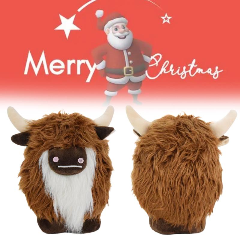 Adorable Plush Highland Cow Decorative Figure With Brown And White Facial Features
