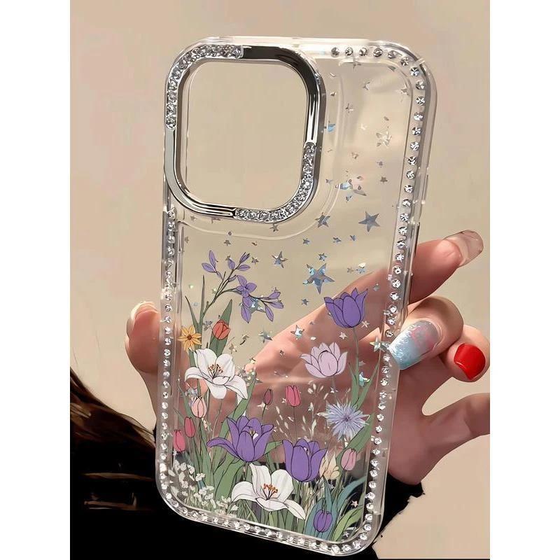 Summer Flowers Suitable for iPhone16/17Pro Mobile Phone Case Apple 15 Flash Diamonds 13 Women 12 Large Holes 14 Sets