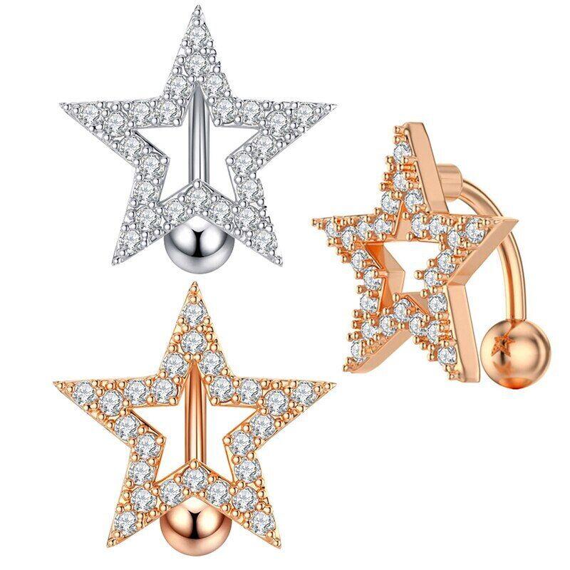 Reversed Bar Star Moon Four-leaf Clover Navel Piercing Nombril for Women Girl Crystal Belly Button Ring Inverted Barbell Jewelry