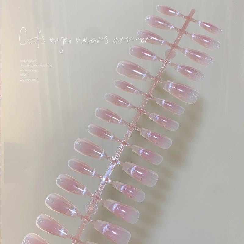 2024 French Nude Cat Eye Medium T-Style Wearable Nail Tips - 30 Pre-Made Pieces