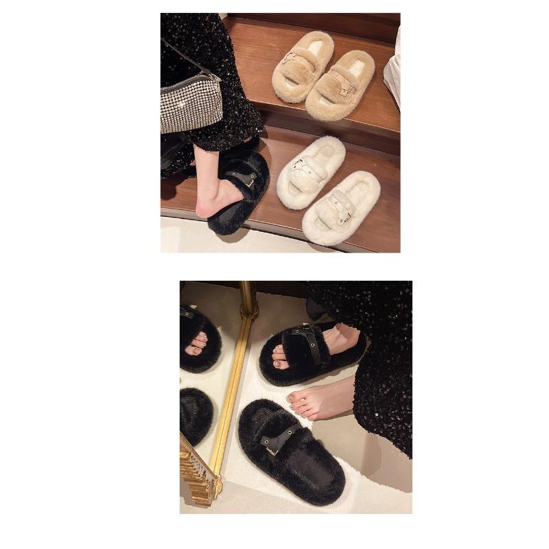 Women's Autumn and Winter New Fur Slippers Fashion Wear Belt Buckle Cotton Slippers