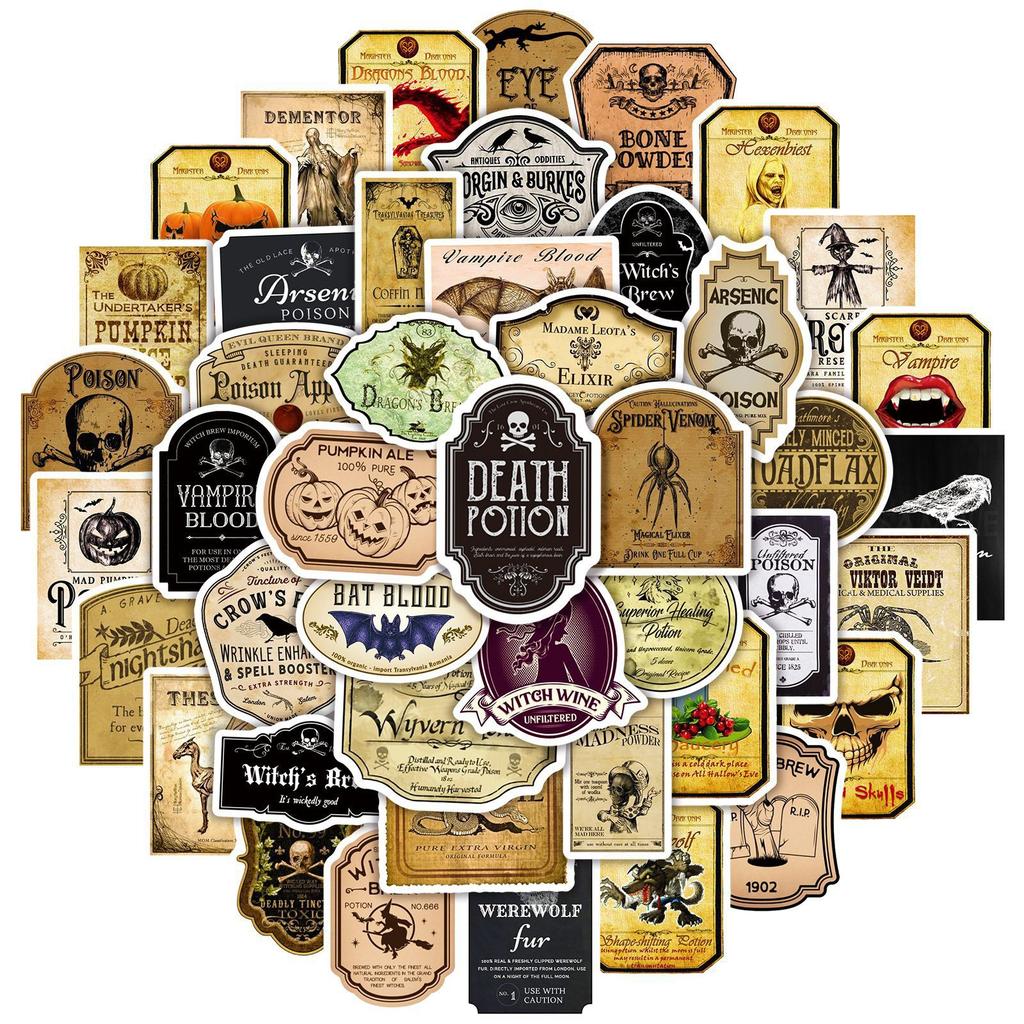 10/50pcs Horror Retro Apothecary Stickers Potion Label Graffiti Stickers for DIY Luggage Laptop Skateboard Motorcycle Bicycle Stickers