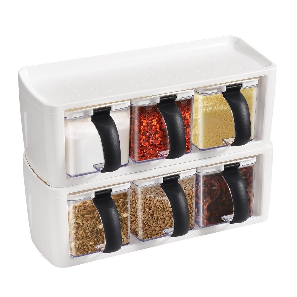 2pcs 3 Grids Seasoning Container Set With Lid And Spoon Condiment Storage Jars  For Kitchen
