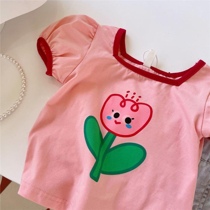 Girls Summer Floral Print Short Sleeve T Shirt Sweet Cute Korean Top 90