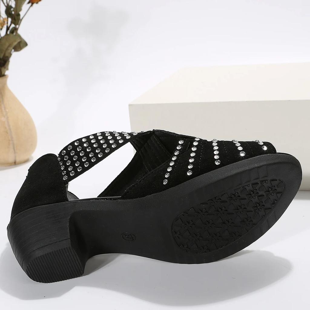 Fashion European and American fish mouth high-heeled sandals for women's summer new cross rhinestone back zipper Roman sandals