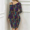 Women Plus Size One Cold Shoulder Long Sleeve Rainbow Zebra Print Irregular Wrap Bodycon Midi Dress