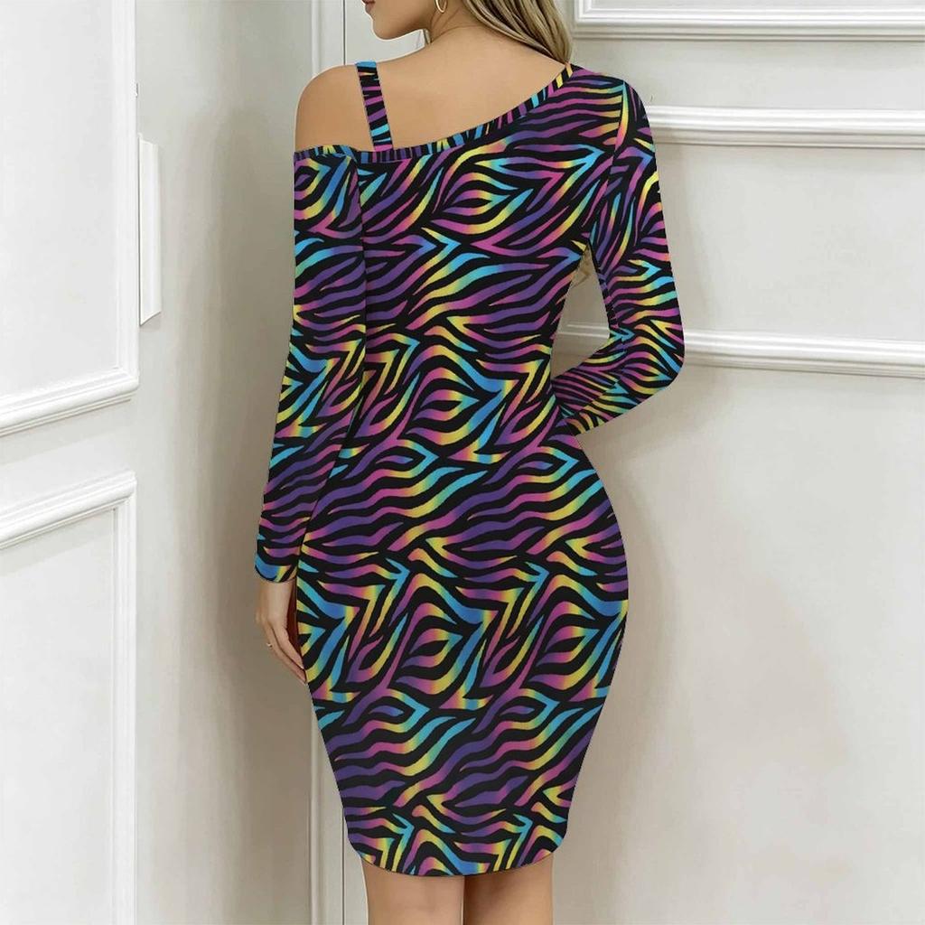 Women Plus Size One Cold Shoulder Long Sleeve Rainbow Zebra Print Irregular Wrap Bodycon Midi Dress