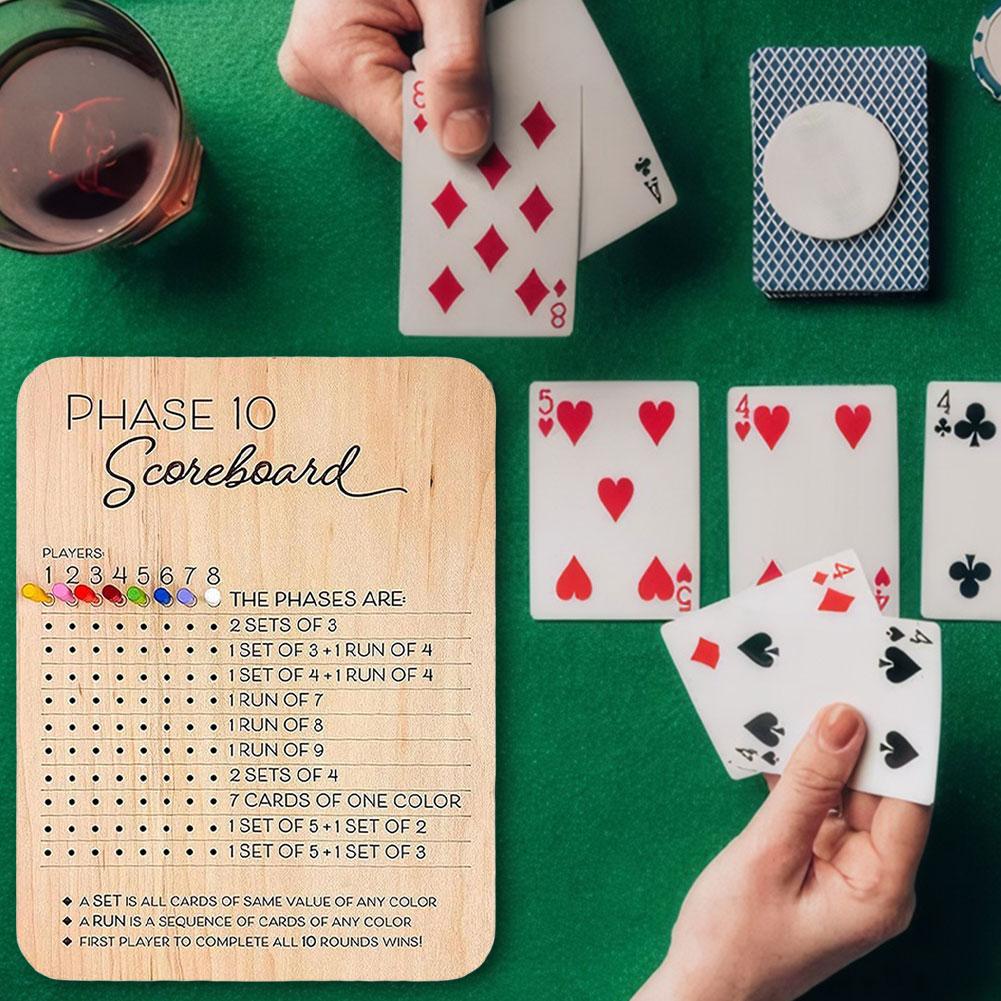 Wooden Phase 10 Score Board W/8 Colored Pegs Phase 10 Scoreboard and Round Tracker Table Board Card Game for Party Family Adults
