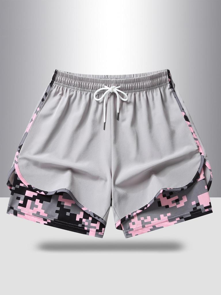 Women's Summer Double Layer Camo Sports Shorts - Quick-Dry Mesh with Pockets