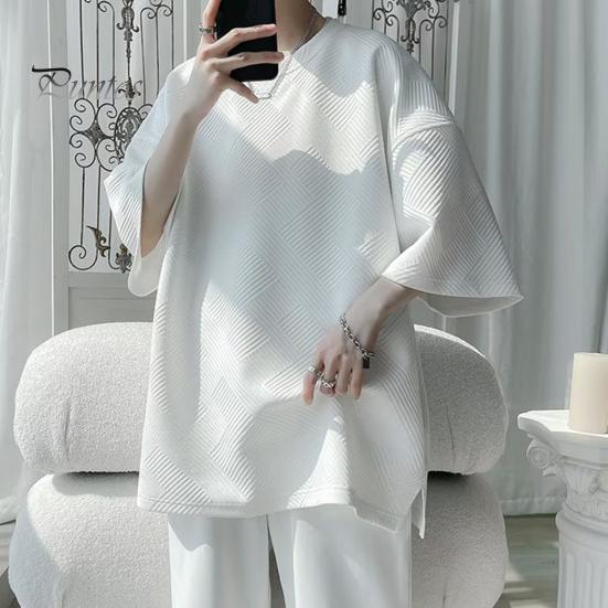 Camiseta de verano para hombre, cuello redondo, holgada, de largo medio, de color liso, con textura de gofre, talla grande, media manga, estilo japonés, ropa de calle para exteriores