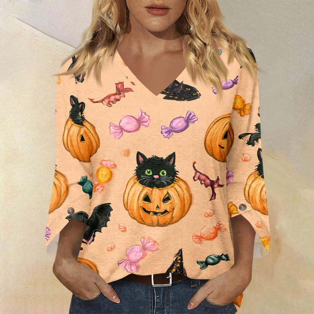 Womens Halloween Print V Neck Three Quarter Sleeve Casual Top Lightweight Loose Fit Pullover Blouse for Autumn and Spring