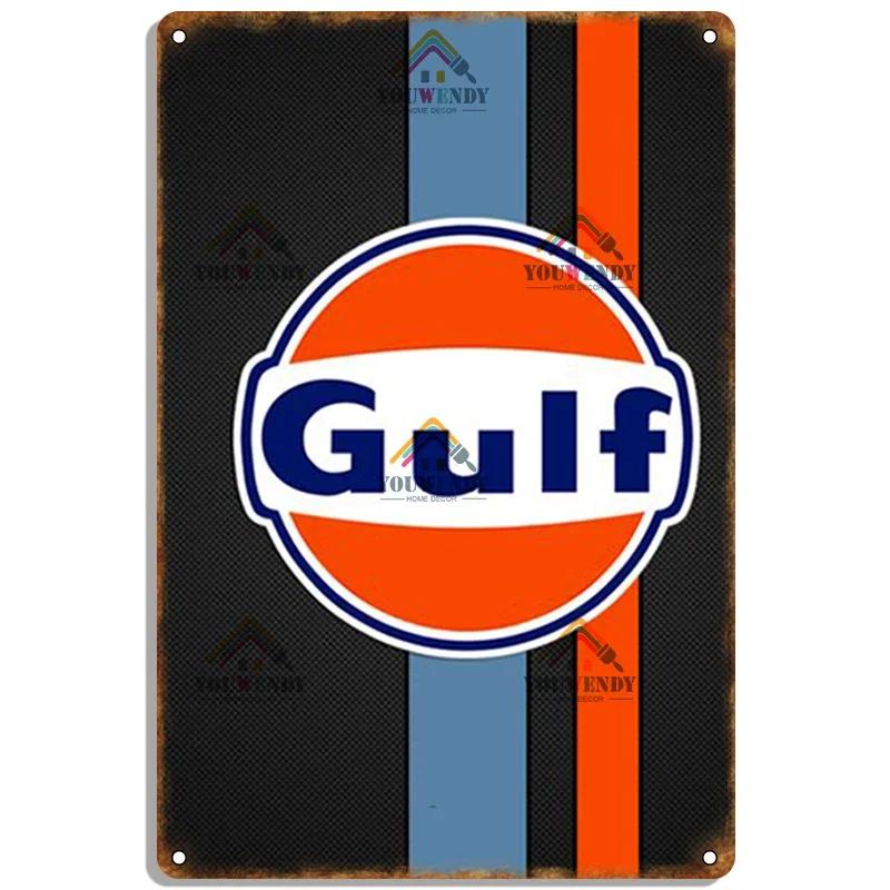 Шебби-шик Gulf Racing Винтажные металлические жестяные таблички Металлическая табличка Ретро Декор стены гаража Тарелка Декор бензоколонки 30x40cm(11.8x15.7inch)
