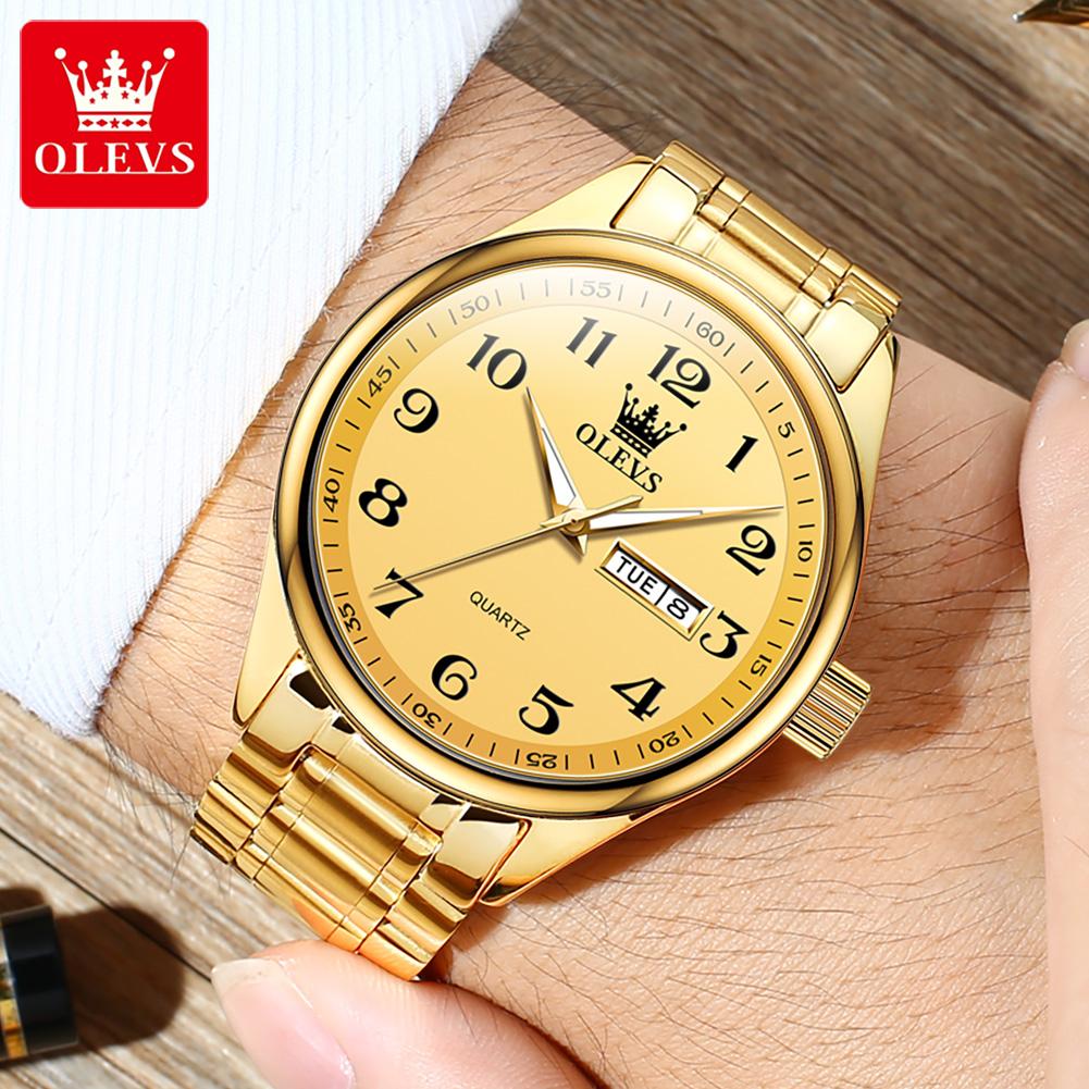 OLEVS 5567 Top Men's Watches Waterproof Gold Stainless Steel Watch Strap Quartz Watch Dual Calendar Luminous Fashion Wristwatch