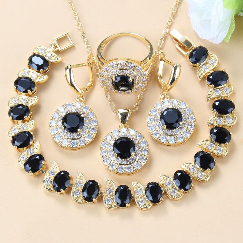 Simple Round Bridal Four-Piece Suit White Zircon Crystal Gold Color Women Jewelry Sets Dangle Earrings/Bracelet/Ring 6-Colors