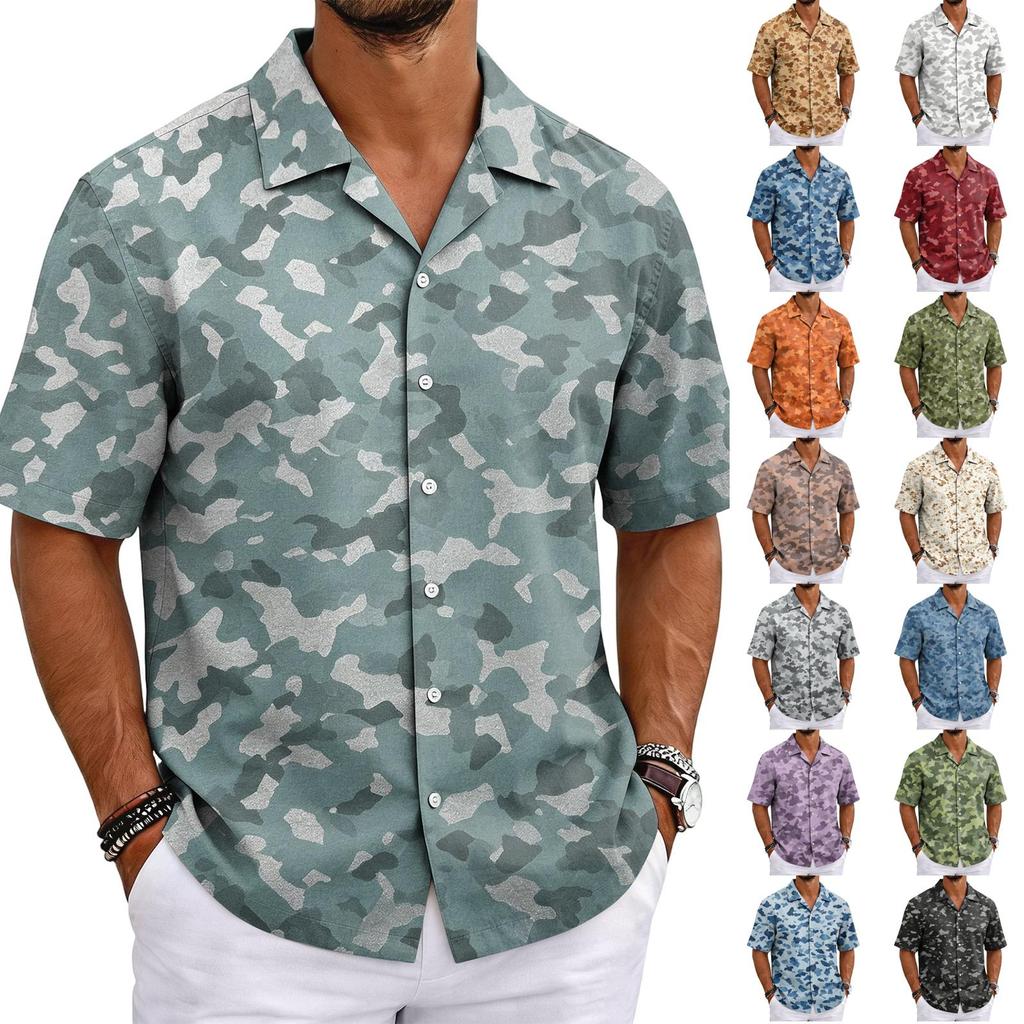 Men's Camouflage Short Sleeve Cuban Collar Shirt Lightweight Breathable Casual Button Down Shirt Summer Beachwear
