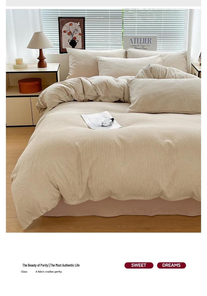 Japanese Minimalist Pure Cotton Bedding Set - Washed Cotton Duvet Cover, Bed Sheet, Dorm-Friendly (3 or 4-piece).