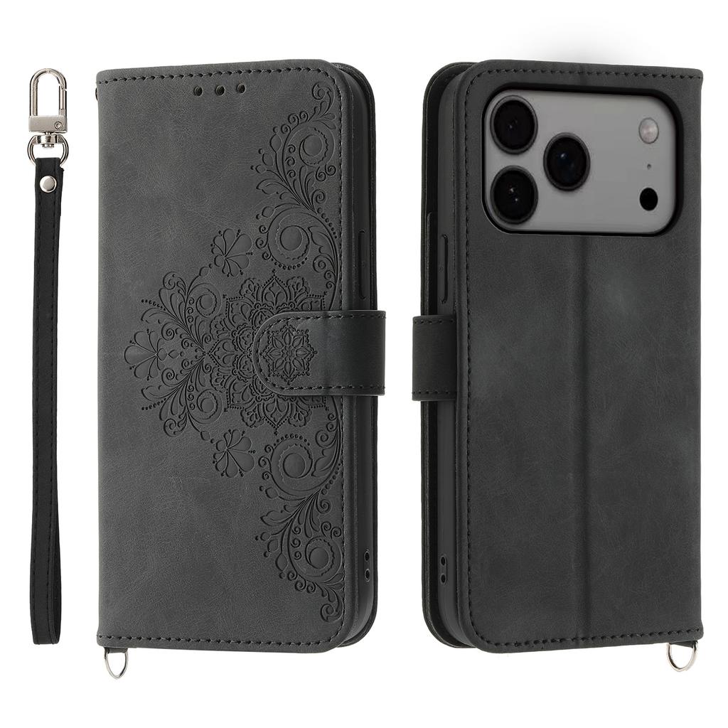 For iPhone 17 Pro Max Case Flower Pattern PU Leather Wallet Phone Cover with Strap