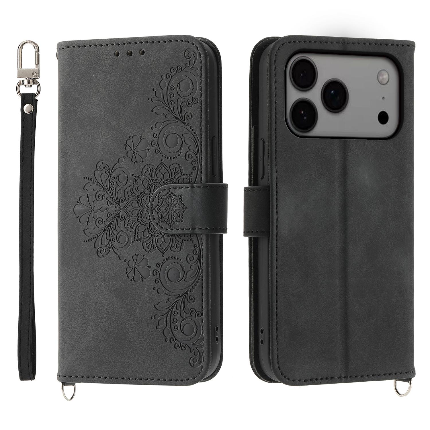 

For iPhone 17 Pro Max Case Flower Pattern PU Leather Wallet Phone Cover with Strap Black