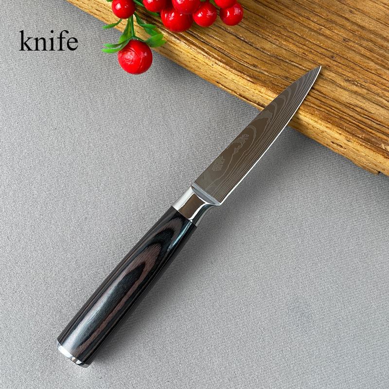 Kitchen Knife 5-inch Colored Wood Handle Damascus Pattern Chef's Knife High Appearance Level Paring Knife Household Knife