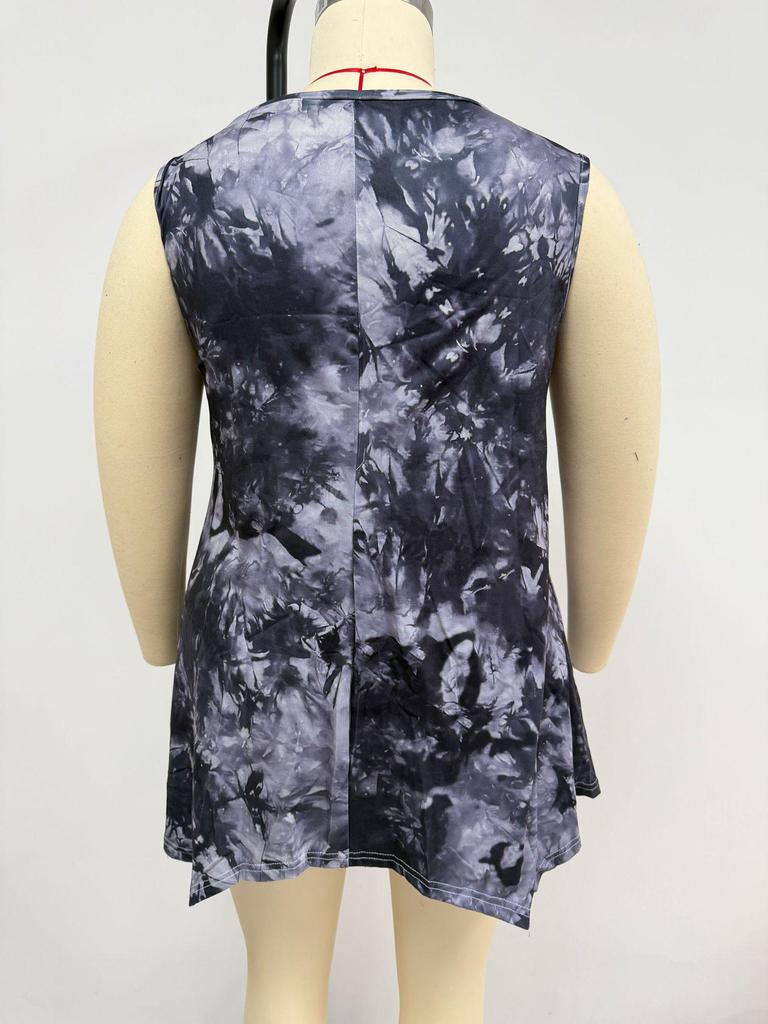 2026 Tie-Dye V-Neck Irregular Hem Plus Size Women's Sleeveless Top