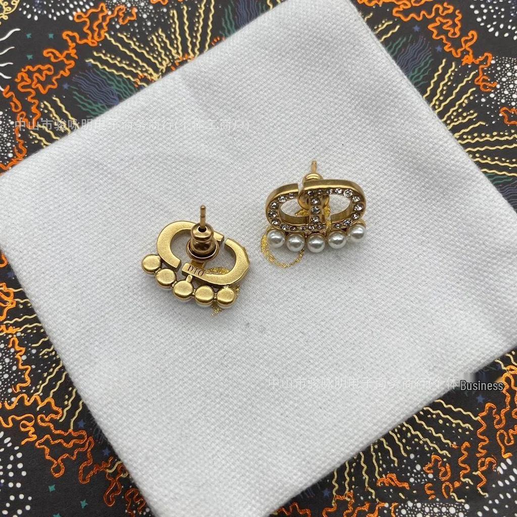 Antique Bronze Pearl Stud Earrings with Inlaid Diamonds