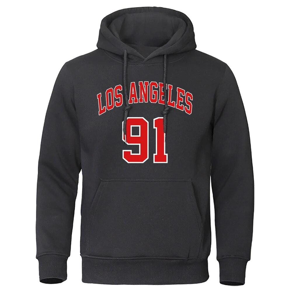 Los Angeles 91 Team Uniform Print Hooded Autumn Fleece Pullovers Oversized Loose Streetwear Comfortable Sweatshirts Fashion