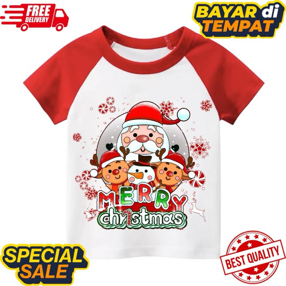 

Neutral short sleeved Christmas T-shirt, suitable for children with Santa Claus and friend patterns 140